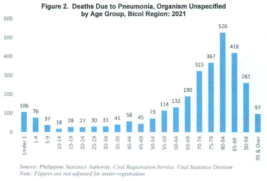 Figure 2. Deaths Due to Pneumonia, Organism Unspecified by Age Group, Bicol Region: 2021