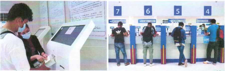 (Left- CRS Associate assists client in getting queue ticket number (QTN) and encoding in self-service kiosk (SSK) Right- Clients at the payment counters after securing their QTN and/or encoding at SSK) 